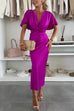 Margovil V Neck Twist Front Waisted Satin Midi Dress