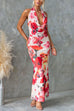 Cowl Neck Halter Open Back Floral Print Maxi Dress