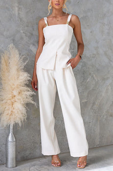 Adjustable Strap Slit Front Top and Pocketed Wide Leg Pants Set
