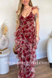 V Neck Sleeveless Floral Print Ruffles Maxi Dress