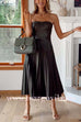 Strapless Pleated Faux Leather Midi Dress