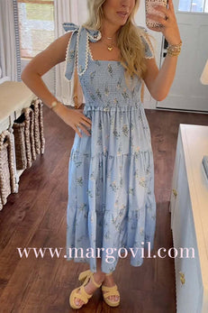 Tie Shoulder Smocked Ruffle Tiered Floral Print Midi Dress