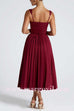 Drawstring V Neck Lace-up Back Pleated Midi Cami Dress
