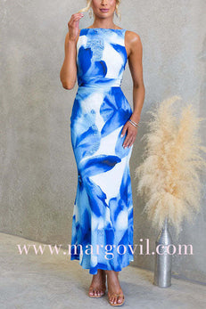 Sleeveless Open Back Watercolor Floral Bodycon Maxi Dress