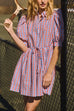 Puff Sleeves Button Up Drawstring Waist Gingham Mini Dress