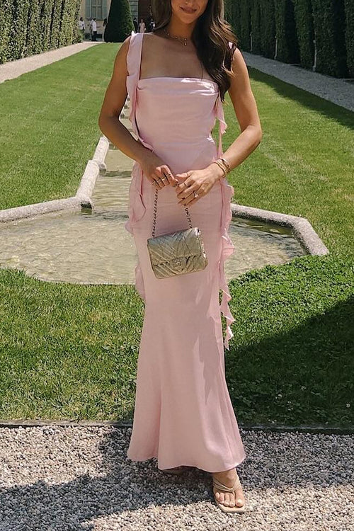 Margovil Open Back Draped Frill Bodycon Satin Maxi Cami Dress