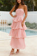 Margovil Strapless Empire Waist Ruffle Layered Maxi Dress
