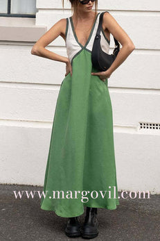 Margovil V Neck Color Block Sleeveless Maxi Swing Dress