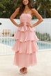 Margovil Strapless Empire Waist Ruffle Layered Maxi Dress