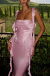 Margovil Open Back Draped Frill Bodycon Satin Maxi Cami Dress