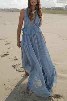 Margovil Halter Backless Ruffle Top and Elastic Waist Pleated Maxi Skirt Set