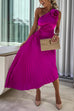 Margovil 3D Rose One Shoulder Cut Out Waist Asymmetric Hem Pleated Maxi Dress