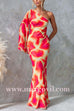 One Shoulder Bell Sleeve Backless Printed Maxi Dress