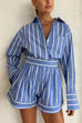 Margovil Striped Long Sleeves Curve Hem Shirt and High Rise Shorts Set