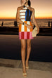 Criss Cross Halter Backless Color Block Mini Dress