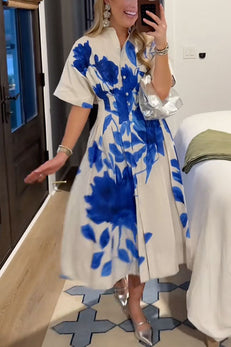 Short Sleeves Button Down Waisted Print Midi Dress