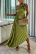 Margovil 3D Rose One Shoulder Cut Out Waist Asymmetric Hem Pleated Maxi Dress
