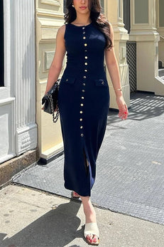 Margovil Sleeveless Button Down Slit Ribbed Knit Maxi Dress
