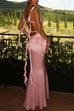 Margovil Open Back Draped Frill Bodycon Satin Maxi Cami Dress