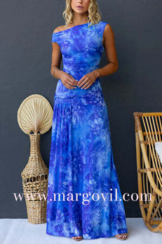 Asymmetric Shoulder Ruched Waist Floral Print Maxi Dress