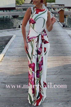 Margovil Sleeveless Tie Waist Floral Print Bodycon Maxi Dress