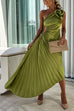 Margovil 3D Rose One Shoulder Cut Out Waist Asymmetric Hem Pleated Maxi Dress