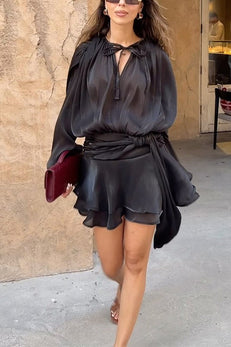 Margovil Long Sleeves Lace-up Tie Waist Ruffle Mini Dress