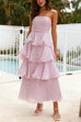 Margovil Strapless Empire Waist Ruffle Layered Maxi Dress