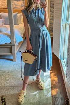 Collared Cap Sleeves Button Down Denim Midi Dress