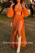 Margovil Ruched Waist High Slit Flowy Maxi Skirt