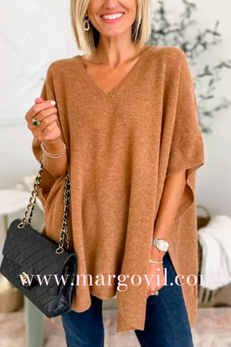 10 Colors V Neck Loose Fit Solid Poncho Sweater