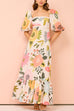 Margovil Square Collar Puff Sleeves Floral Print Cotton Linen Ruffle Maxi Dress