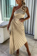 Margovil 3D Rose One Shoulder Cut Out Waist Asymmetric Hem Pleated Maxi Dress
