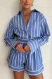 Margovil Striped Long Sleeves Curve Hem Shirt and High Rise Shorts Set