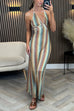 Margovil Halter V Neck Backless Color Block Crochet Maxi Dress