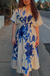 Short Sleeves Button Down Waisted Print Midi Dress