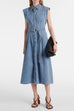 Collared Cap Sleeves Button Down Denim Midi Dress