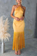 Margovil Halter Neck Patchwork Fringe Hem Satin Maxi Dress