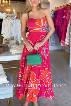 Strapless Waisted Floral Print Swing Midi Dress