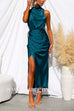 Margovil Turtleneck Sleeveless Waisted Slit Midi Satin Dress