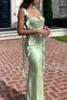 Margovil Open Back Draped Frill Bodycon Satin Maxi Cami Dress