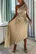 Margovil 3D Rose One Shoulder Cut Out Waist Asymmetric Hem Pleated Maxi Dress
