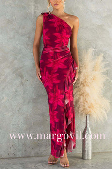 One Shoulder Sleeveless Ruffle Slit Floral Print Maxi Dress