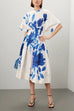 Short Sleeves Button Down Waisted Print Midi Dress