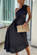 Margovil 3D Rose One Shoulder Cut Out Waist Asymmetric Hem Pleated Maxi Dress