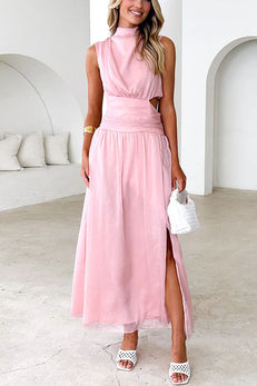 Mockneck Sleeveless Cut Out Waist Slit Maxi Dress