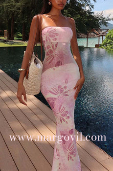 Margovil Strapless Floral Print Mesh Bodycon Maxi Dress
