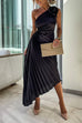 Margovil 3D Rose One Shoulder Cut Out Waist Asymmetric Hem Pleated Maxi Dress