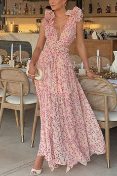 Margovil Deep V Neck Sleeveless Cut Out Floral Print Ruffle Maxi Dress