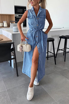 Margovil Sleeveless Button Down Tie Waist Pocketed Denim Midi Dress